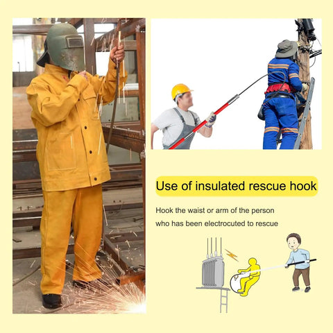 Pro-Grade High Voltage Insulated Rescue Hook use with fiberglass handle for electricians and power workers in action