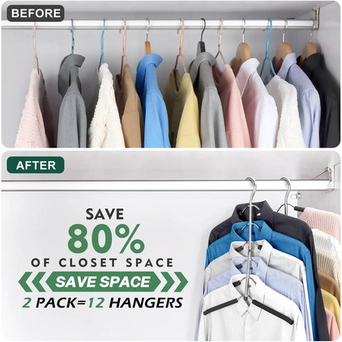 Multi Level Space Saving Closet Hangers With Plush Non Slip Foam Coating And Heavy Duty Black Steel Arms showing before and after closet organization.