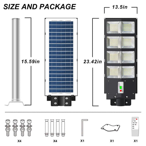 Dimensions and components of 500W Solar Street Light With 360 LED Flood Beam 6000K Cool White Motion Sensor And Dusk To Dawn IP65 Waterproof.