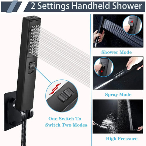8 Inch Rain Shower Head With 2 In 1 Handheld Sprayer, demonstrating shower and spray modes with high pressure feature, matte black finish.
