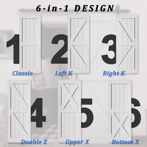 Sliding Barn Door 30 Inch By 84 Inch With 6 Foot Hardware Kit And Handle White Solid MDF Surface That Is Water Resistant And Scratch Resistant Easy To Clean And Install DIY Assembly K Frame Farmhouse Style Reno Ready 6-in-1 design options