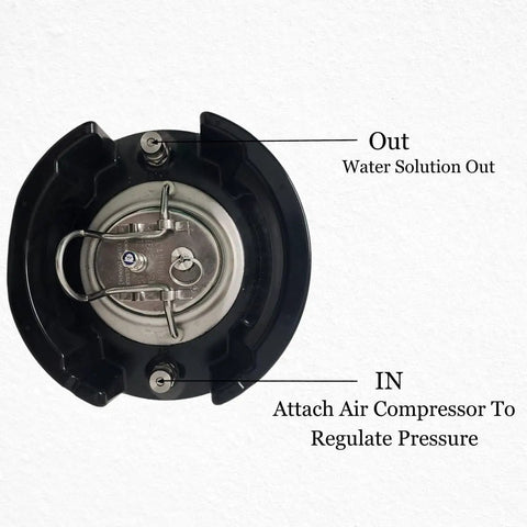 Top view of 5 Gallon Stainless Steel Sprayer Tank With Pressurized System For Auto Tint And PPF Installation Industrial High Efficiency Leak Proof Durable Sprayer For Pro Jobs showing 'Out' and 'In' connectors for water and air compressor attachment.