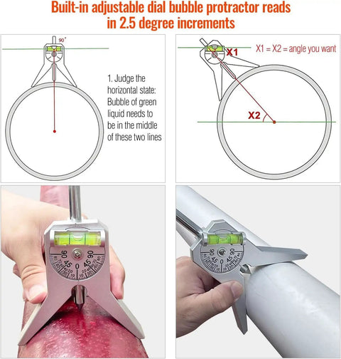 Heavy Duty Stainless Steel Pipe Center Finder Punch With Adjustable Dial Bubble Protractor shown in use marking angle on pipe
