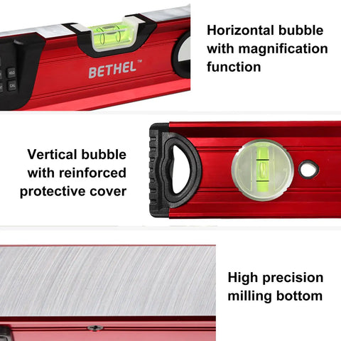 Heavy Duty Digital Torpedo Level Featuring Real Deal Precision For Dead On Angles and Seriously Strong Magnet Hold. Red aluminum with horizontal and vertical bubbles.