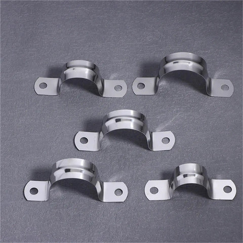 Heavy Duty 60 Piece Stainless Steel U Shaped Pipe Clamps on a gray background, designed for secure round piping assembly.
