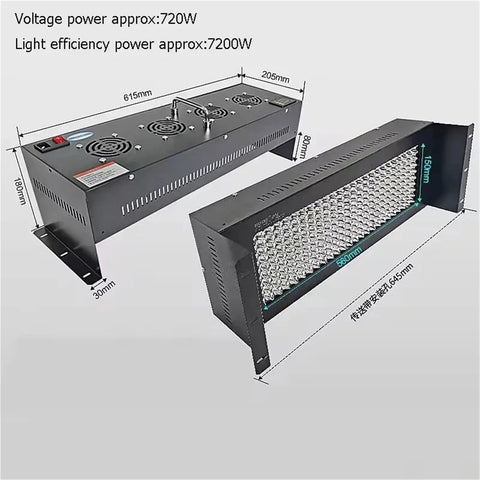 Straight Up Heavy Duty Dual Head UV LED Curing Lamp 7200W showing dimensions and black aluminum build with ventilation.