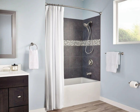 Bathroom with Brushed Nickel Shower Curtain Rings with Double Hooks on curved rod, showing modern design and smooth glide functionality.
