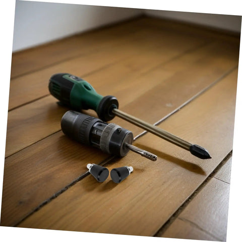 Heavy Duty Metal Spring Plunger Pins With Smooth Operation, Consistent Rebound Black Mechanical Knob Lock Pins For Industrial Machinery And Tool Setup Installation 4 Pack with screwdrivers on wooden floor.