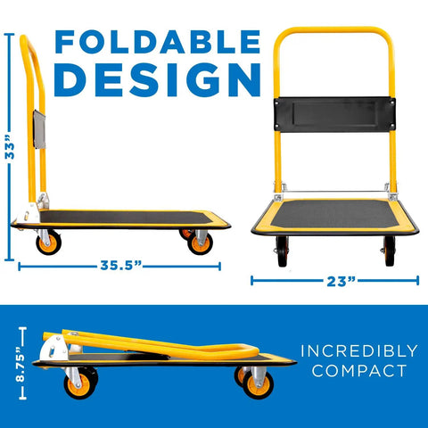 Heavy Duty Folding Hand Truck Dolly Featuring A Rock Solid 660 Pound Weight Capacity And Easy Glide 360 Swivel Casters Foldable Flatbed Cart dimensions shown.