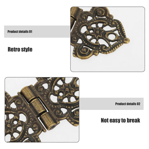 Close-up of Ten Pack Old School Vintage Zinc Alloy Hinges for Jewelry Boxes, golden retro decorative design, detailed view.