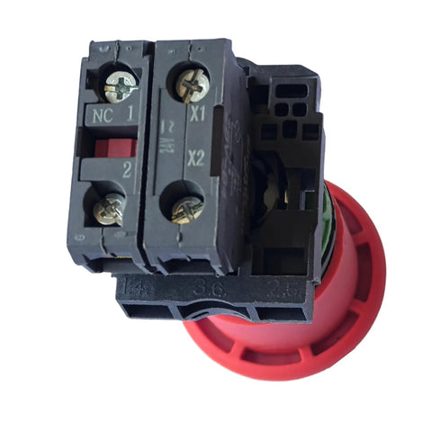 Premium Heavy Duty Emergency Stop Button For Scissor Lifts With No Sweat Setup And Built Darn Tough Housing top view of industrial switch with red housing.