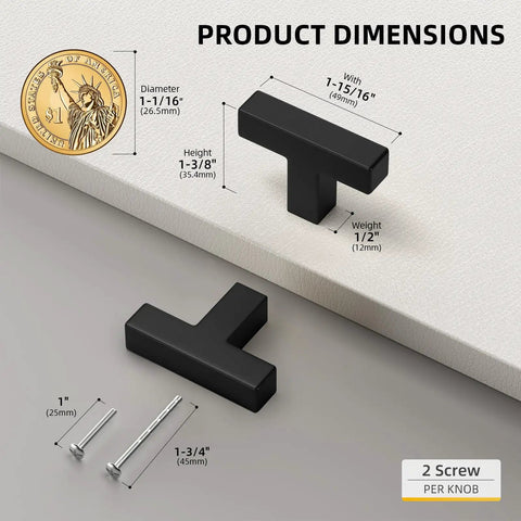 5 Pack Black Square T Bar Cabinet Knobs dimensions and screws shown with scale in image