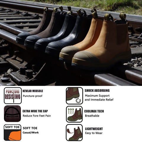 Soft Toe Waterproof Slip On Work Boots For Men With Wide Toe Box displayed on railway with features and material details