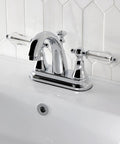 4 Inch Centerset Bathroom Faucet In Polished Chrome With Drip Free Ceramic Cartridge Crystal Lever Handle 1.2 GPM At 60 PSI Brass Construction Modern Classic Look For Your Bath on a white sink