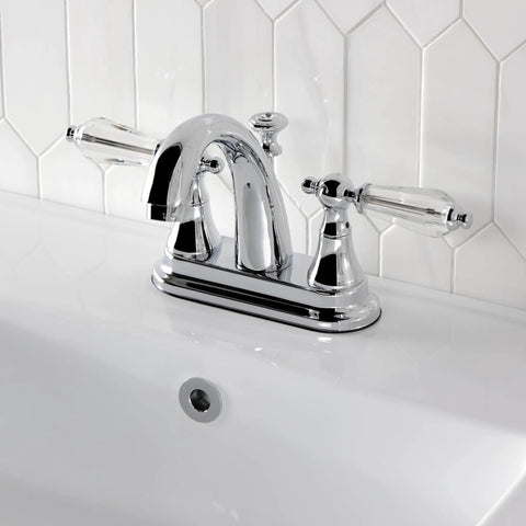 4 Inch Centerset Bathroom Faucet In Polished Chrome With Drip Free Ceramic Cartridge Crystal Lever Handle 1.2 GPM At 60 PSI Brass Construction Modern Classic Look For Your Bath on a white sink