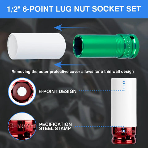One Half Drive Deep Metric Impact Socket Set Featuring 17 19 21 22 Millimeter Heads For Wheel Lug Nuts And Tire Work Heavy Duty Shop Gear with 6-point design.