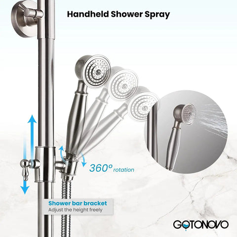 Brushed Nickel Shower Faucet Set With 8 Inch Rain Shower Head Handheld Spray Double Lever Handles Tub Spout 3 Function Diverter Wall Mount Bathroom Fixture All in One Premium Brass Construction handheld spray with adjustable bracket