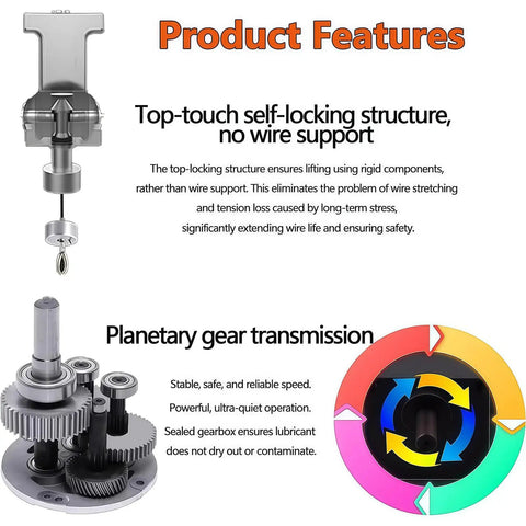 Heavy Duty Electric Chandelier Hoist Lifter For Indoor Ceiling Lights With Dual Remote And Wall Switch Control Heavy Load Support 180kg showing self-locking structure and planetary gear transmission.