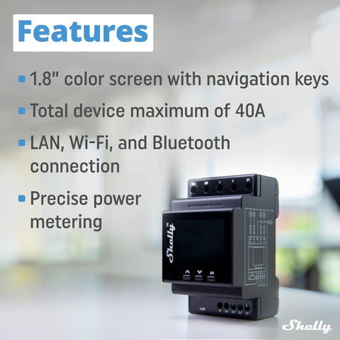 Four Channel Smart Relay With Power Metering And LAN Wi Fi, 16A Per Channel, 40A Total, black DIN rail module with screen