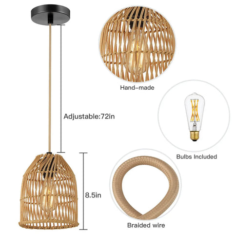 Boho Rattan Pendant Light Fixture With 72in Golden Cotton Cord Handwoven Hanging Lamp For Kitchen Island And Living Room Bulb Included