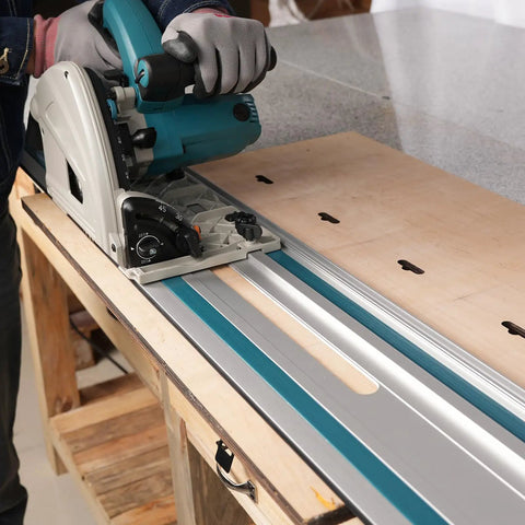 110 Inch Guide Rail Kit Extruded Aluminum Rails Compatible With Track Saw Precision Cutting in use on a wooden surface.