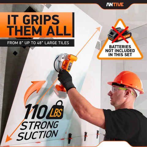 Worker using Cordless Tile Vibration Tool Kit With 9 Speeds And 110 Lb Suction Cup For Large Format Tile Installation