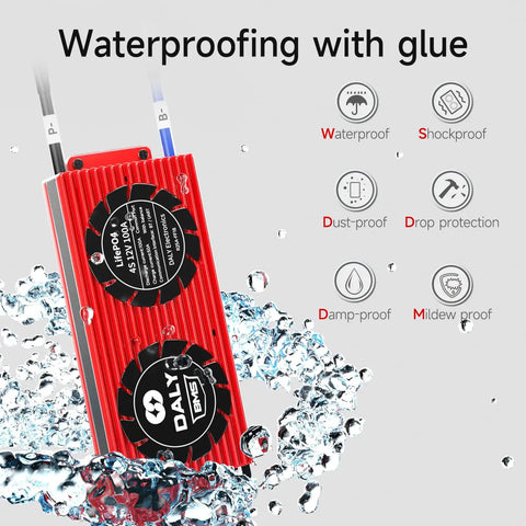 Smart BMS 4S 12V 100A LiFePO4 Battery Protection Module with waterproof glue, showing features like shockproof and dust-proof.