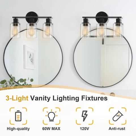 Sleek Dope Modern 3 Light Matte Black Vanity Light With Clear Glass Shades For Bathroom Mirror Wall Sconce Indoor Use Waterproof Design Perfect For Hallway Living Room Or Bedroom 17 Inch Wide mounted above mirrors