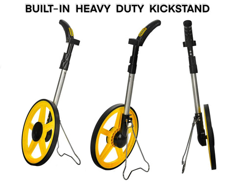 Digital Distance Measuring Wheel With Crisp Lcd Readouts And Rigged Right Commercial Specs with yellow wheel and metal kickstand.