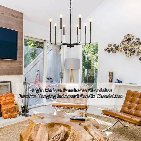 Eight Light Modern Black Farmhouse Chandelier For Dining Room Living Room Kitchen Foyer And Bedroom With Candle Style Illumination And 360 Degree Lighting For High Ceilings This Dope Fixture in living room setup