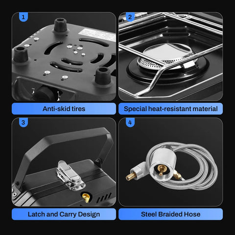 Details of Dual Burner Propane Camping Stove With Piezo Ignition showing anti-skid tires, heat-resistant tray, latch handle, hose