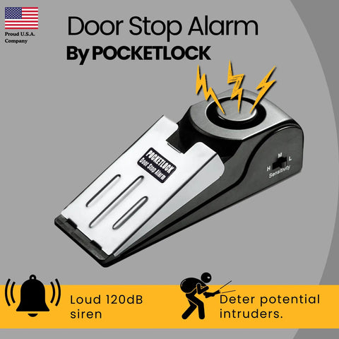 Portable Door Lock And Door Stop Alarm Two Pack Travel Security Bundle For Hotels Dorms And Airbnbs Secure Your Spot Road Ready Gear No Sweat Install And Decibel Alert Built In, shown in black and silver, features a loud siren.