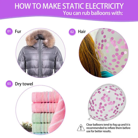 Image showing methods to create static electricity using fur, hair, and a dry towel with a balloon.