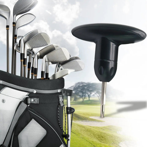 Pro Grade Lightweight S2 Steel Golf Wrench Tool For Club Head Adjustments And Driver Shaft Adapters, golf bag in background