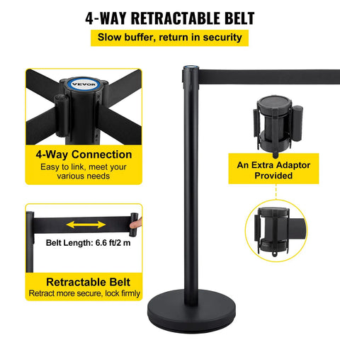 Stanchion Set With 6.6 Ft Black Retractable Belt For Crowd Control shown with rustproof steel pole and concrete base.