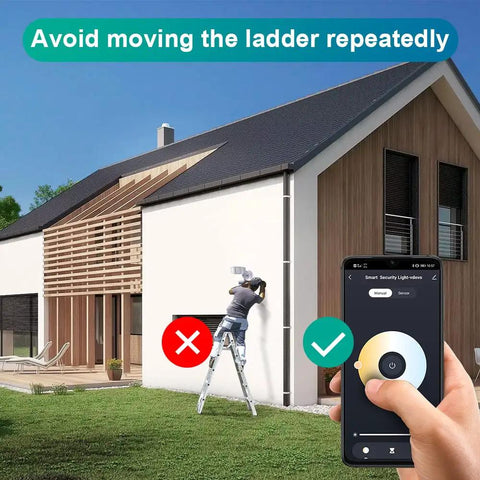 Smart Outdoor Motion Security Light 30W With WiFi App Control installed outside house, controlled via smartphone app, avoids ladder use