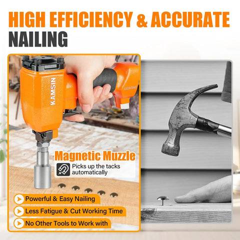 Person using Dope Lightweight Pneumatic Decorative Nailer For Upholstery And Furniture With Nail Size Nine Point Six To Twenty Point Three Millimeters And Head Diameter Three Eighths Inch To Three Quarters Inch Low Recoil Finish Nailer With Easy Trigger For Sofa, next to a manual hammer on a wooden surface.