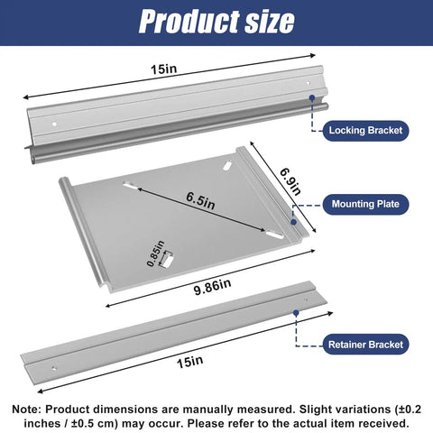 Tilt-N-Slide Boat Seat Pedestal Base With 15-Inch Rails and bench seat plate, shown with dimensions and aluminum components.