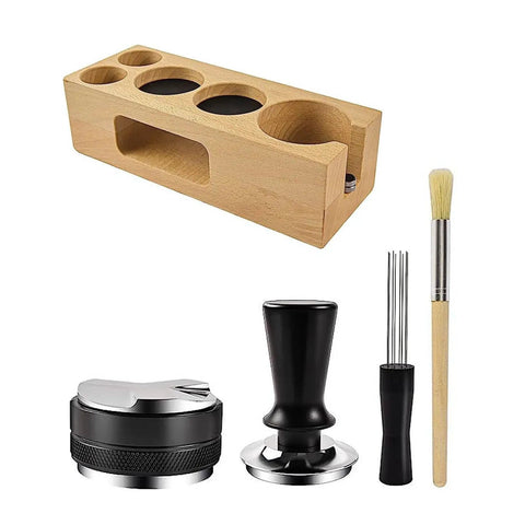 Game Changing Wooden Espresso Tamper Station With Precision Powder Distributor And Flat Bottom Stirrer Spoon, 5 piece wooden espresso set.