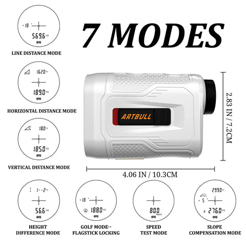Ready To Roll Golf Rangefinder With Slope Compensation And Pin Lock Vibration Hits 650 Yard Mark showing 7 modes and dimensions.