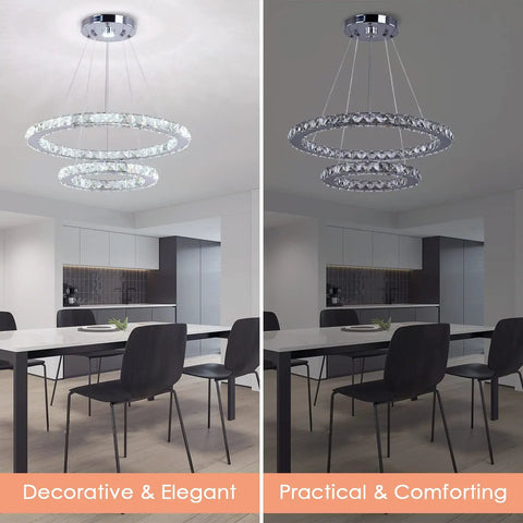 LED Modern Crystal Ring Pendant Chandelier With Two Adjustable Rings And K9 Crystals, Stainless Steel Ceiling Light Fixture in dining room