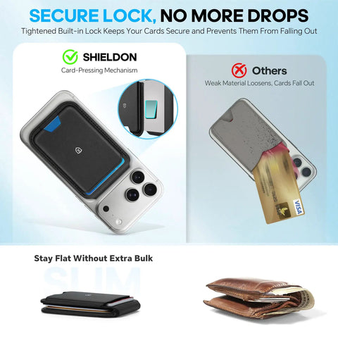 Comparison of Genuine Leather Magnetic Wallet for MagSafe with Stand to other wallets, showing secure card lock and slim design.