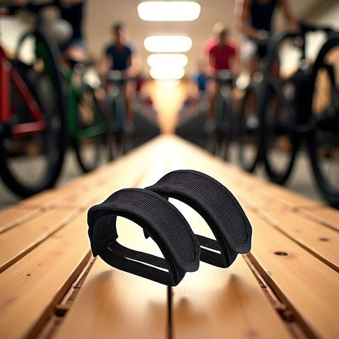 2 Pack Black Pedal Straps for Kids Bikes and Fixed Gear on a wooden surface with cyclists in the background, durable toe clip straps.