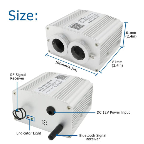 Dual Head RGBW Fiber Optic Light Kit For Home With App Control, Twinkle And Music Modes engine dimensions and ports