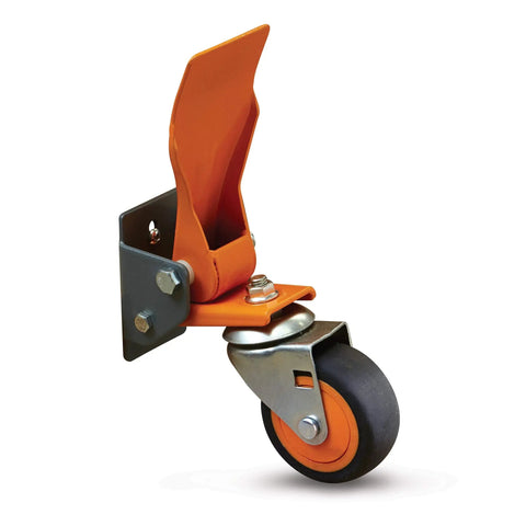 Drop Dead Heavy Workbench Caster Wheel Kit With Four Smooth Rolling Swivel Wheels And Flat Out Tough Rubber Tires For Easy Shop Floor Mobility and Bulletproof Six Two Zero Pound Capacity. Close-up of a heavy-duty swivel caster with rubber tire.
