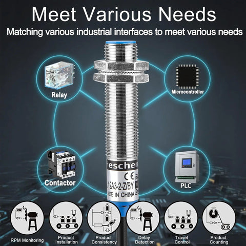 Inductive Proximity Sensor Switch M12 Shield Type LJ12A3-2-Z/BY, 2mm Detection Range, shown with icons for industrial interfaces