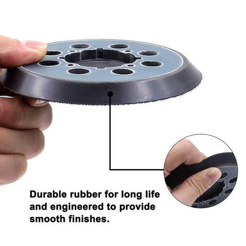 5 Inch 8-Hole Hook And Loop Sanding Pad Replacement Set shown in hand, highlighting durable rubber, DIY Friendly For 5 Inch Orbital Sanders