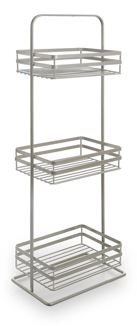 Rust Resistant Three Tier Spa Tower Freestanding Bathroom Storage Rack With Durable Nickel Coating For A Slick Washroom Setup, 29.5 inches tall.