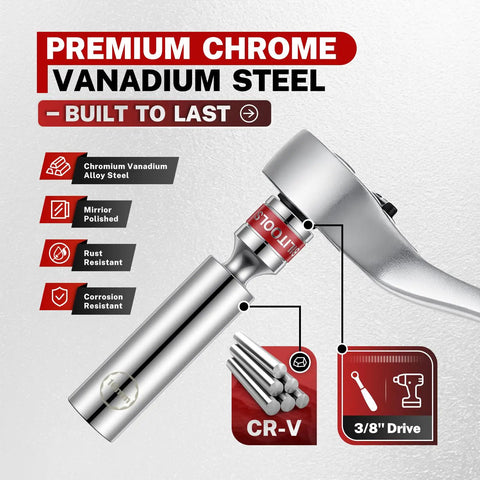 Magnetic Swivel Spark Plug Socket Set with Gap Tool, 3/8 Inch Drive, premium chrome vanadium steel, close-up view