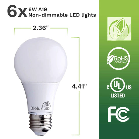 Bright LED A19 Light Bulbs 6W Replace 40W Warm White 2700K with 300 Degree Beam Angle E26 Base Non Dimmable FCC UL Listed RoHS Energy Saving 48 Pack Budget Friendly For Home And Office Use shown with dimensions and certifications